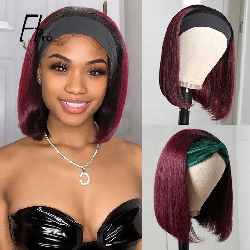 Headband Wig Straight Short Bob Wig Human Hair Glueless Wigs 1B-99J Wigs